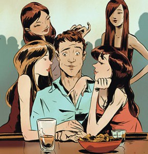 man surrounded by women at